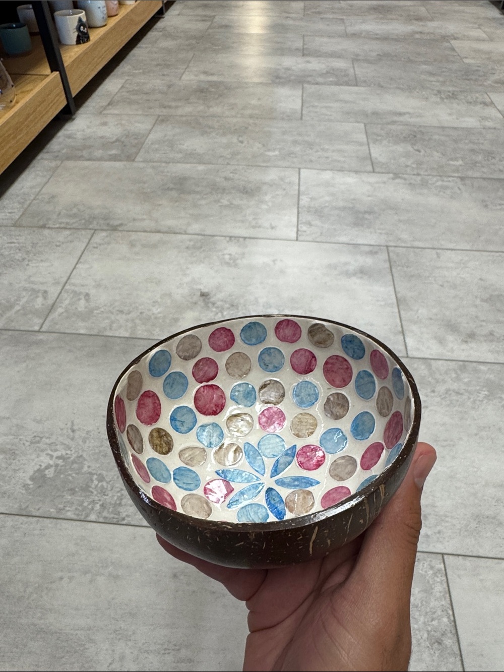 Handmade Coconut Shell Bowl with Blue, Pink & Brown Mosaic Interior